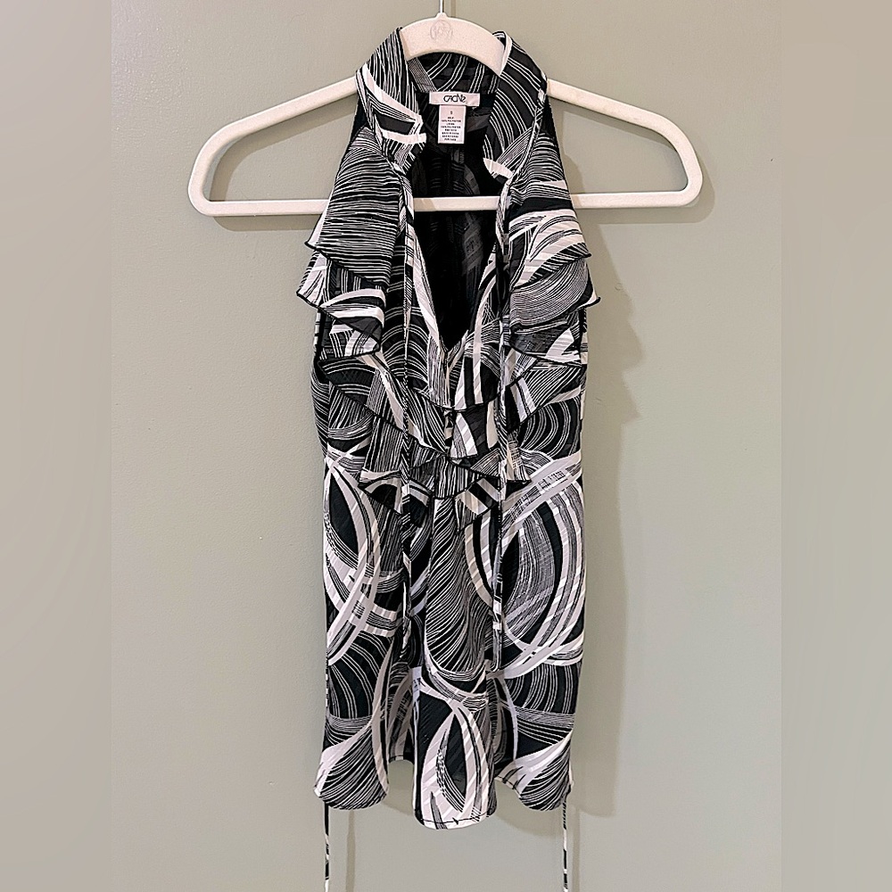 Cache women black and white sleeveless blouse high neck tie front small